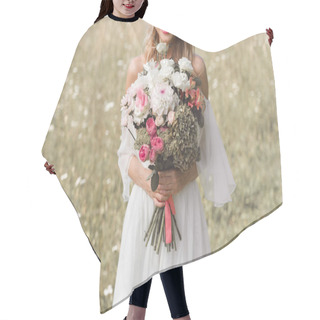 Personality  Close-up View Of Beautiful Smiling Bride Holding Bouquet Of Flowers  Hair Cutting Cape