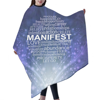Personality  Ask Believe Receive Manifest  Word Circle Wall Art  - Circular MANIFEST Words Above A Spray Of White Sparkles On A Dark Blue Background Ideal For A Canvas Wall Print Hair Cutting Cape