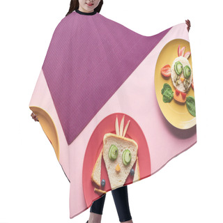 Personality  Top View Of Plates With Fancy Animals Made Of Food On Pink And Purple Background Hair Cutting Cape
