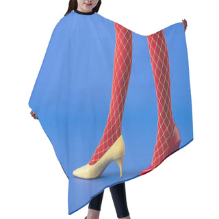 Personality  Cropped View Of Woman In Fishnet Tights, Yellow And Red Heels Standing On Blue Hair Cutting Cape