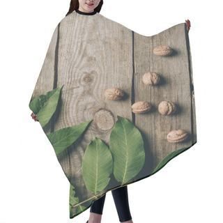Personality  Top View Of Whole Organic Walnuts And Green Leaves On Wooden Table Hair Cutting Cape