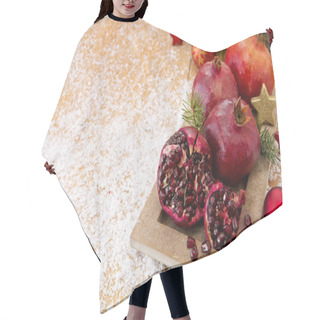 Personality  Fresh Ripe Pomegranates On Wooden Background And Christmas Decoration. Hair Cutting Cape