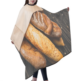 Personality  Fresh Baked Baguette Loaves In Paper Bag On Wooden Surface Hair Cutting Cape