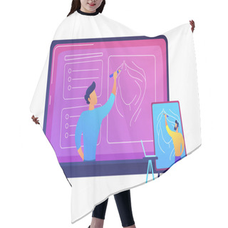 Personality  Student Watching Online Tutorial On A Big Laptop Vector Illustration. Hair Cutting Cape