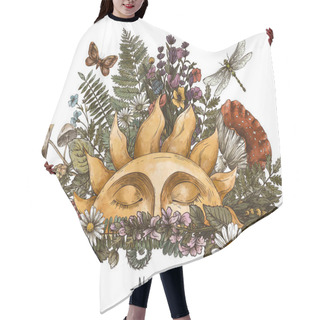 Personality  Vintage Sun Illustration With Woodland Treasures, Amanita Mushroom, Fern, Forest Plants Baner. Botanical Illustration Isolated On White Background. Hair Cutting Cape