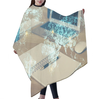 Personality  Computer On Desktop With Social Network Hologram. Multi Exposure. Concept Of International People Connections. Hair Cutting Cape