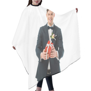 Personality  Happy Bridegroom Holding Red Gift Box Isolated On White Hair Cutting Cape