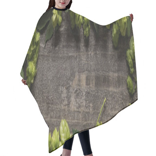 Personality  Frame Of Green Hop On Wooden Rustic Table, Panoramic Shot Hair Cutting Cape