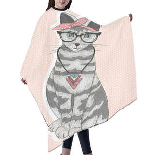 Personality  Cute Hipster Rockabilly Cat With Head Scarf, Glasses And Necklac Hair Cutting Cape