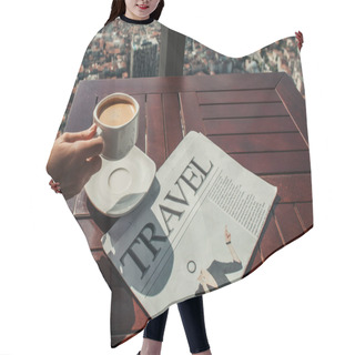 Personality  Cropped View Of Man Holding Coffee Near Travel Newspaper In Cafe With Aerial View Of Istanbul Hair Cutting Cape