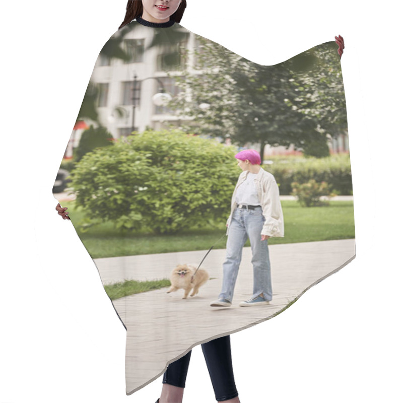 Personality  Stylish Purple-haired Woman Walking With Pomeranian Spitz On Automated Leash On Green City Street Hair Cutting Cape