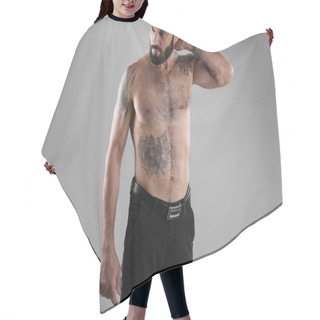 Personality  Portrait Of Handsome Tattooed Man On White Background Hair Cutting Cape