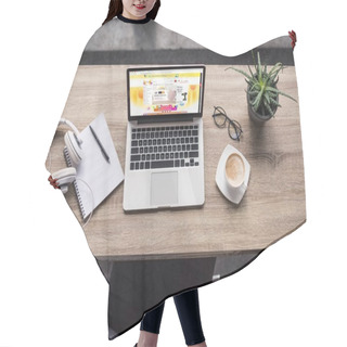 Personality  Top View Of Laptop Standing At Modern Workplace With Aliexpress Website On Screen Hair Cutting Cape