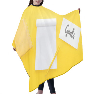 Personality  Blank Notebook And Card With 'goals' Lettering On Yellow Background, Goal Setting Concept Hair Cutting Cape