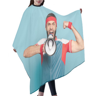 Personality  Emotional Stylish Sportsman With Loudspeaker Showing Muscles On Blue Background Hair Cutting Cape