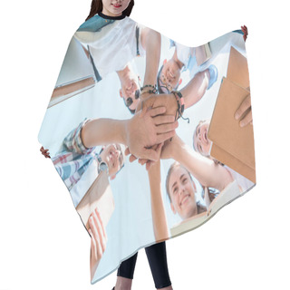 Personality  Bottom View Of Happy Multiethnic Teenage Classmates Stacking Hands In Park   Hair Cutting Cape