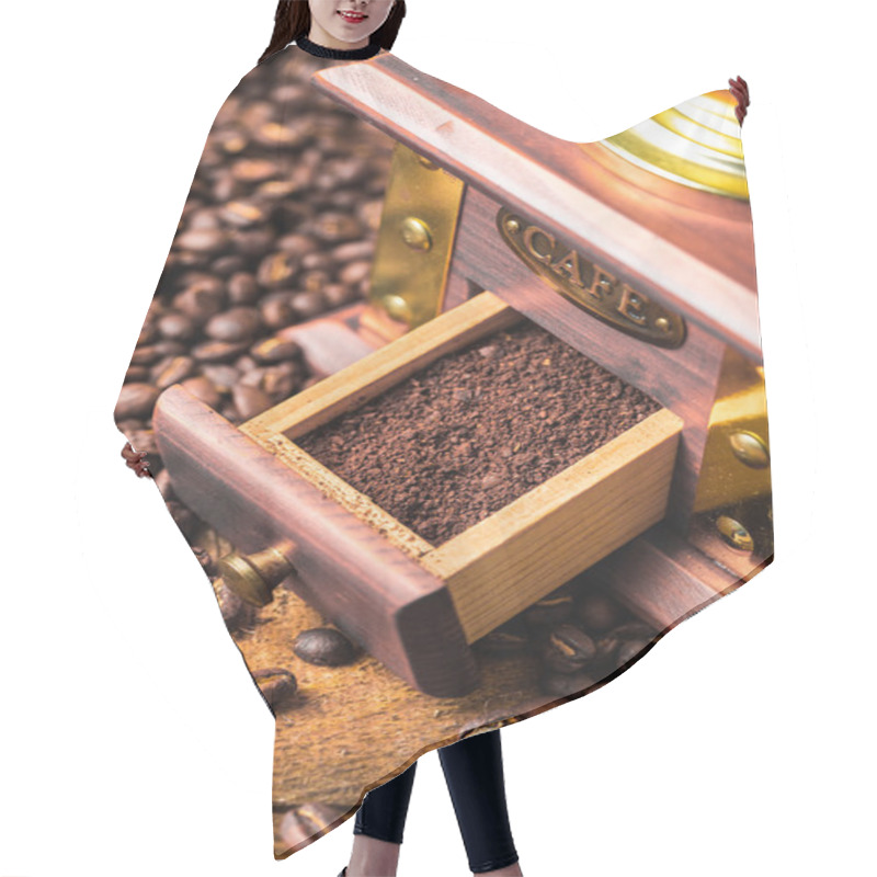 Personality  Cup Of Steaming Hot Coffee With Coffee Beans, Coffee Grinder, And Coffee Beans Bag Hair Cutting Cape