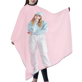 Personality  Full Length View Of Sad Pretty Teenage Girl In Cap On Pink Hair Cutting Cape