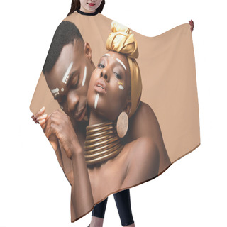 Personality  Sexy Naked Tribal Afro Couple Posing Isolated On Beige Hair Cutting Cape
