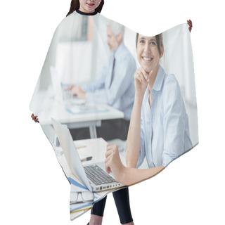 Personality  Smiling Business Woman At Work Hair Cutting Cape