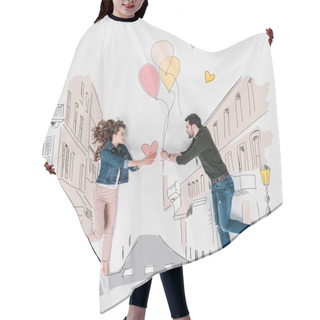 Personality  Creative Hand Drawn Collage With Couple Presenting Valentines Day Gifts To Each Other Hair Cutting Cape