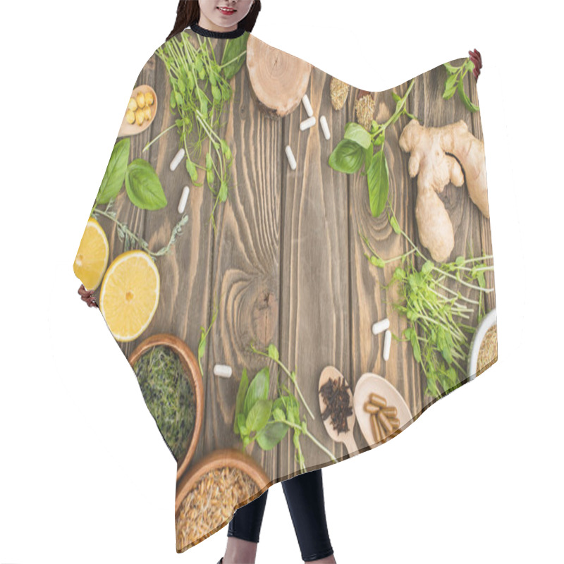 Personality  Top View Of Pills And Green Herbs On Wooden Surface, Naturopathy Concept Hair Cutting Cape