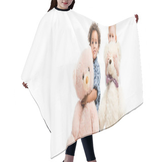 Personality  Panoramic Shot Of Adorable Multiethnic Children Holding Teddy Bears,  Isolated On White  Hair Cutting Cape