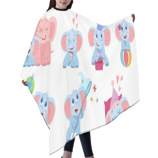 Personality  Flat Cute Circus Elephant Stand On Ball, Catch Butterflies With Net, Drink Coffee And Learn With Books And Globe. Funny Animal Character Chef Making Food And Sleeping On Pillow. Pink Mother With Baby. Hair Cutting Cape