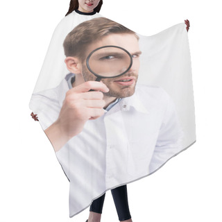 Personality  Curious Ophthalmologist In White Coat Looking Through Magnifying Glass Isolated On White Hair Cutting Cape