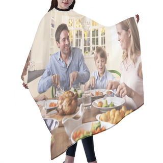 Personality  Happy Family Having Roast Chicken Dinner At Table Hair Cutting Cape