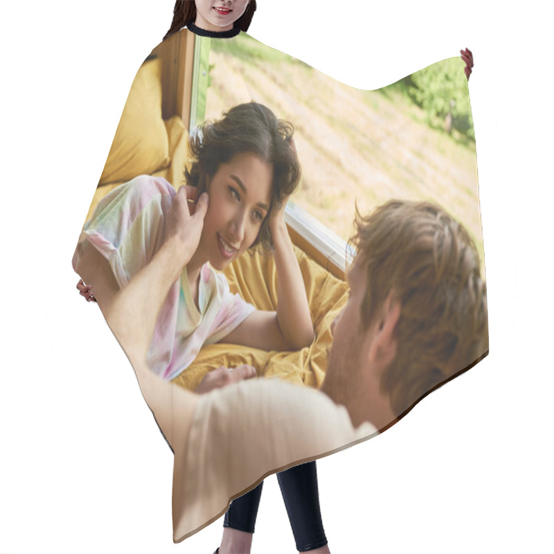 Personality  Tender Gesture, Redhead Man Touching Cheek Of Asian Woman And Lying On Bed Together In Morning Hair Cutting Cape