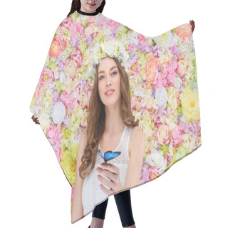Personality  Beautiful Young Woman In Floral Wreath With Butterfly On Hand Hair Cutting Cape