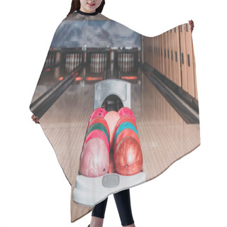 Personality  Stand With Colorful Bowling Balls In Club Against Alleys Hair Cutting Cape