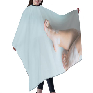 Personality  Cropped View Of Woman With Vitiligo And Bare Feet On Grey Background, Banner Hair Cutting Cape
