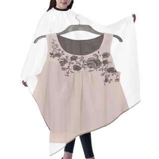 Personality  Beige Blouse With Black Embroidery Is On White Background, Silk Top On Clothes-hanger, Crepe De Chine Female Clothes, Isolated Chiffon Elegant Blouse Is On Coat-hanger Hair Cutting Cape