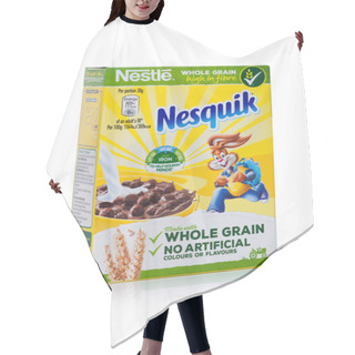 Personality  LONDON, UK - JANUARY 10, 2018: Pack Of Nesquik  Whole Grain Ceral For Breakfast On White.Product Of Nestle Hair Cutting Cape
