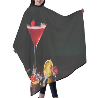 Personality  Freshening Cosmopolitan Garnished With Cocktail Cherry On Black Background, Concept Hair Cutting Cape
