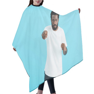 Personality  Aggressive African American Man In White T-shirt Pointing At You Isolated On Blue   Hair Cutting Cape