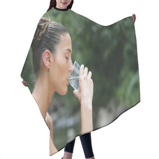 Personality  Brunette Drinking A Glass Of Water Outdoors Hair Cutting Cape