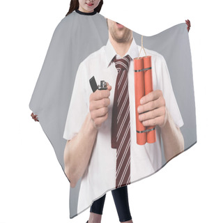 Personality  Cropped View Of Shocked Businessman Holding Lighter And Dynamite On Grey Background Hair Cutting Cape