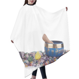 Personality  Tibetan Singing Bowl And Multicoloured Healing Chakra Stones Against A White Background Hair Cutting Cape