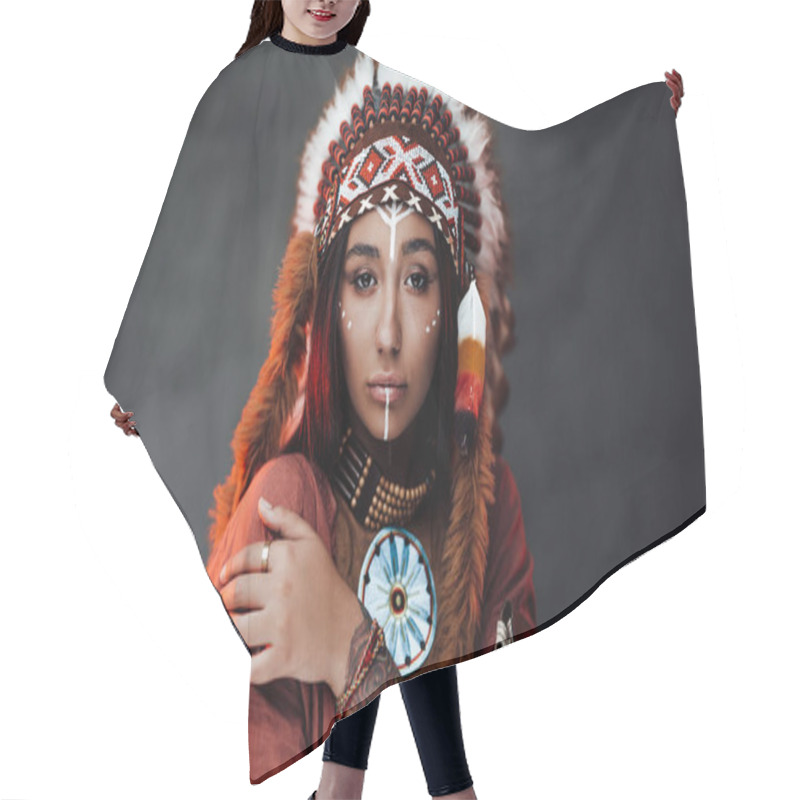 Personality  Beautiful American Indian Girl With Tattoo On Hand In Colorful Traditional Ethnic Costume Hair Cutting Cape
