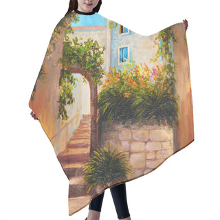 Personality  Oil Painting - Summer Street With Blooming Flowers. Colorful Abs Hair Cutting Cape