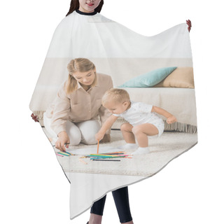 Personality  Happy Mother And Adorable Toddler Drawing Together In Nursery Room Hair Cutting Cape