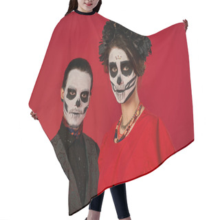 Personality  Eerie Couple In Traditional Catrina Makeup Looking At Camera On Red, Dia De Los Muertos Celebration Hair Cutting Cape