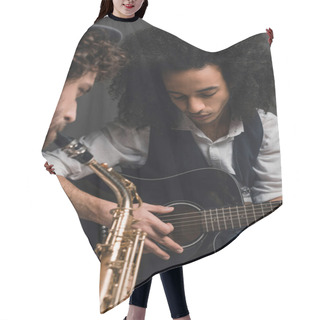 Personality  Young Duet Of Musicians Playing Sax And Acoustic Guitar On Black Hair Cutting Cape