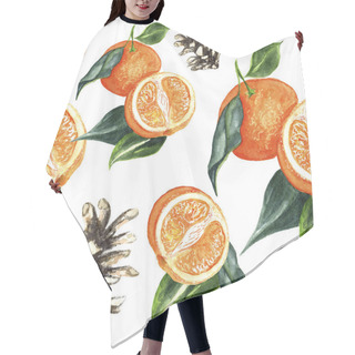 Personality  Watercolor Seamless Pattern With Mandarins And Pins. Hair Cutting Cape