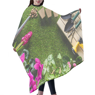 Personality  Top View Of Flowers And Arranged Gardening Equipment On Grass Hair Cutting Cape