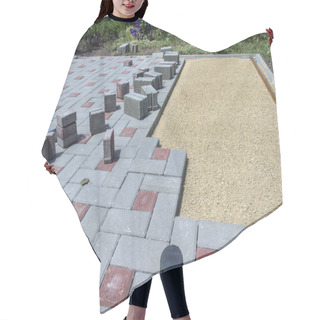 Personality  Laying Paving Stones On A Garden Path. Laying Gray Concrete Paving Slabs In The Yard On A Flat Sandy Foundation Hair Cutting Cape