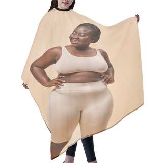 Personality  Happy Plus Size Woman In Underwear Posing With Hands On Hips, Body Positive And Female Empowerment Hair Cutting Cape